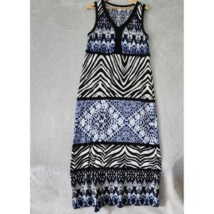Chicos Maxi Dress Womens Size Large Black Blue Stretch Knit Wild Safari Print 2